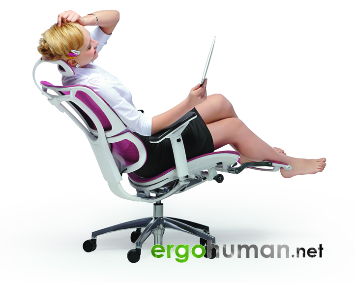 Mirus Office Chair with Pink Mesh, White Frame and a Leg Rest